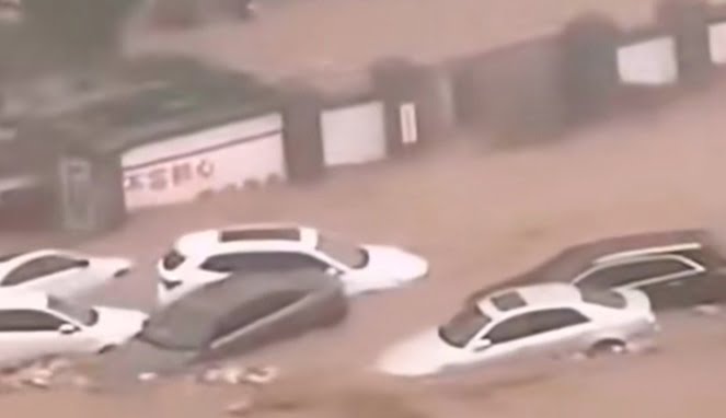 Sejumlah mobil terendam banjir di China (Tangkapan layar video Tiktok)
