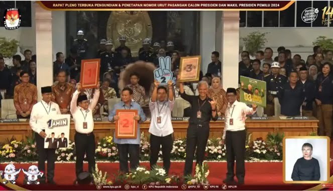 Sah, Nomor Urut Capres-cawapres 2024, Anies 1, Prabowo 2 dan Ganjar 3