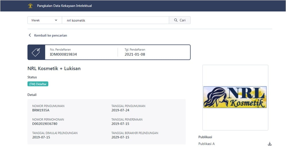 Merk NRL Kosmetik Tedaftar