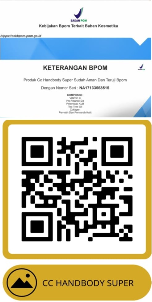 Produk CC Handbody Super menampilkan register nomor seri : NA17133568515 dan Barcode