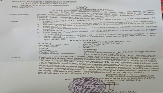 Penetapan Tersangka Irnawanty ‘Dipaksakan’ Kanit Pidum Irit Bicara